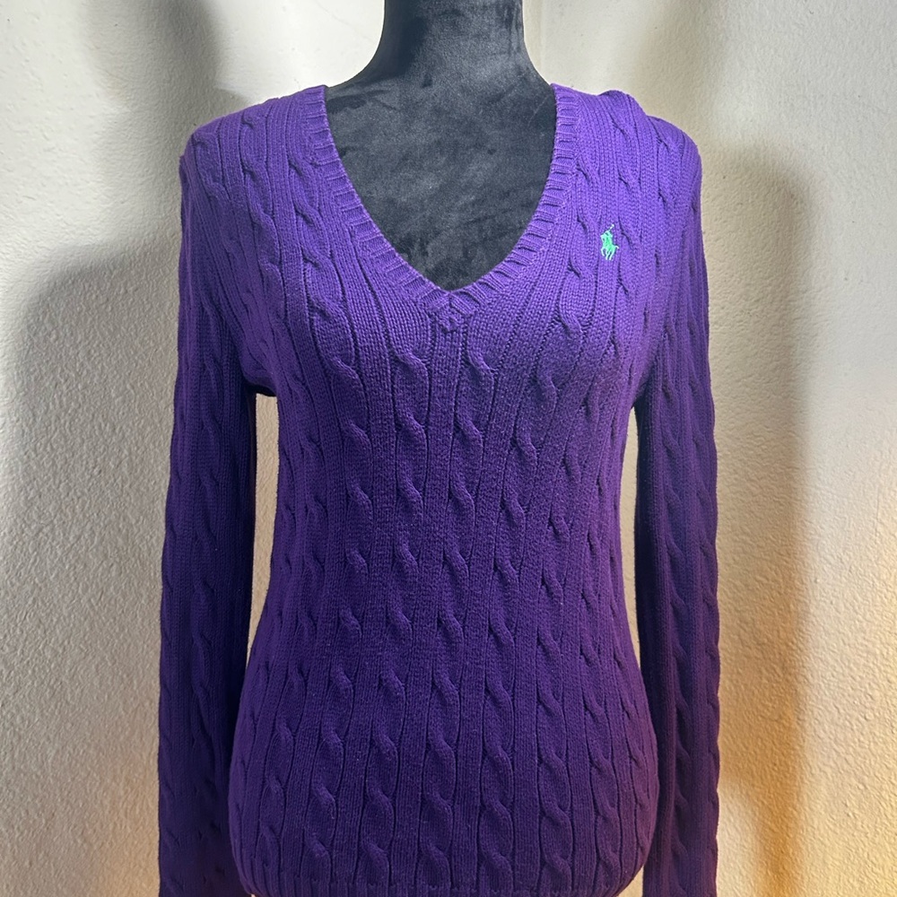 Purple Ralph Lauren Cable Knit V-Neck Sweater